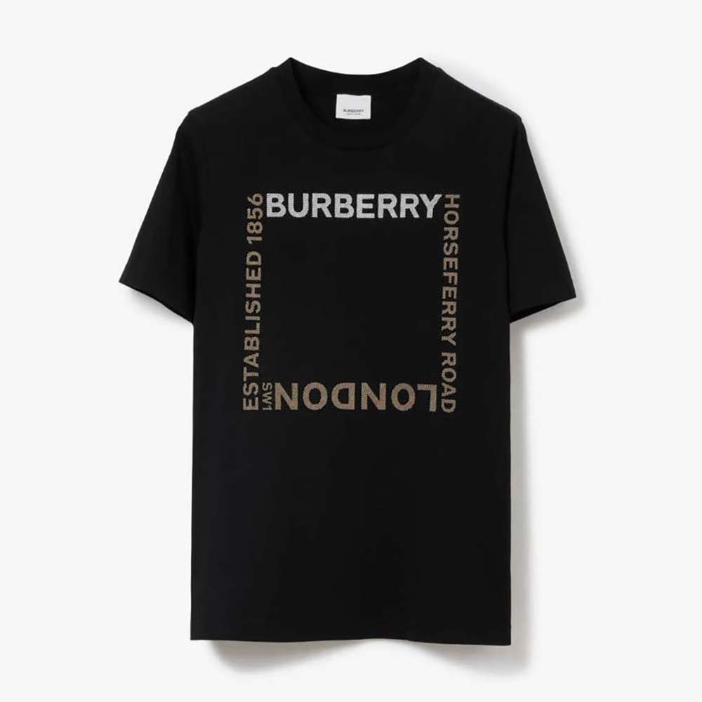 Front view of Burberry Women Horseferry Square Print Cotton T-shirt-Black
