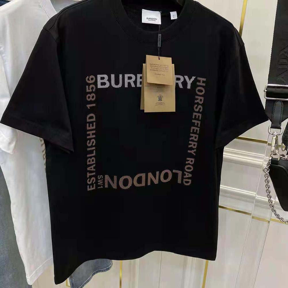 Close-up of Horseferry Square print detail on black Burberry T-shirt