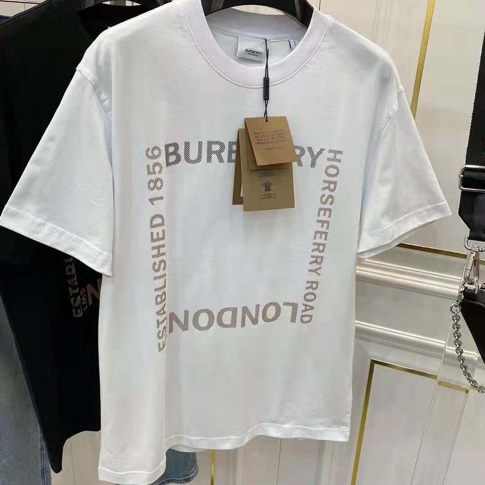 Close-up of Horseferry Square print detail on Burberry white T-shirt