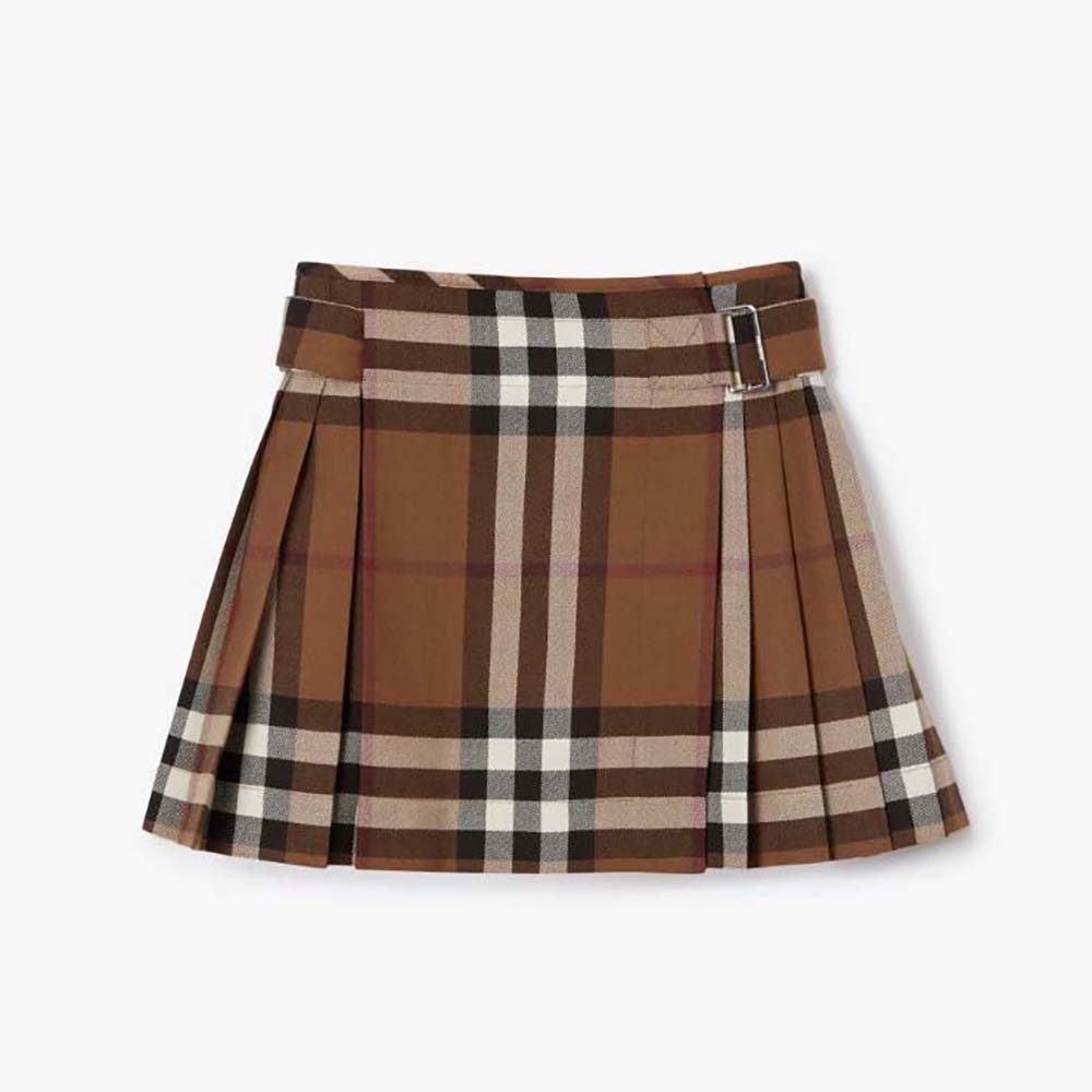 Front view of Burberry Women Check Wool Pleated Skirt in brown