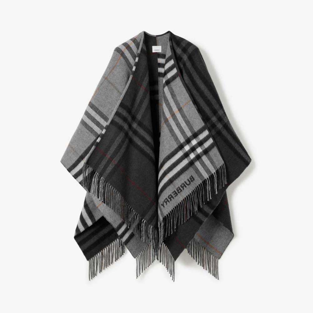 Front view of Burberry Women Contrast Check Wool Cashmere Jacquard Cape in silver