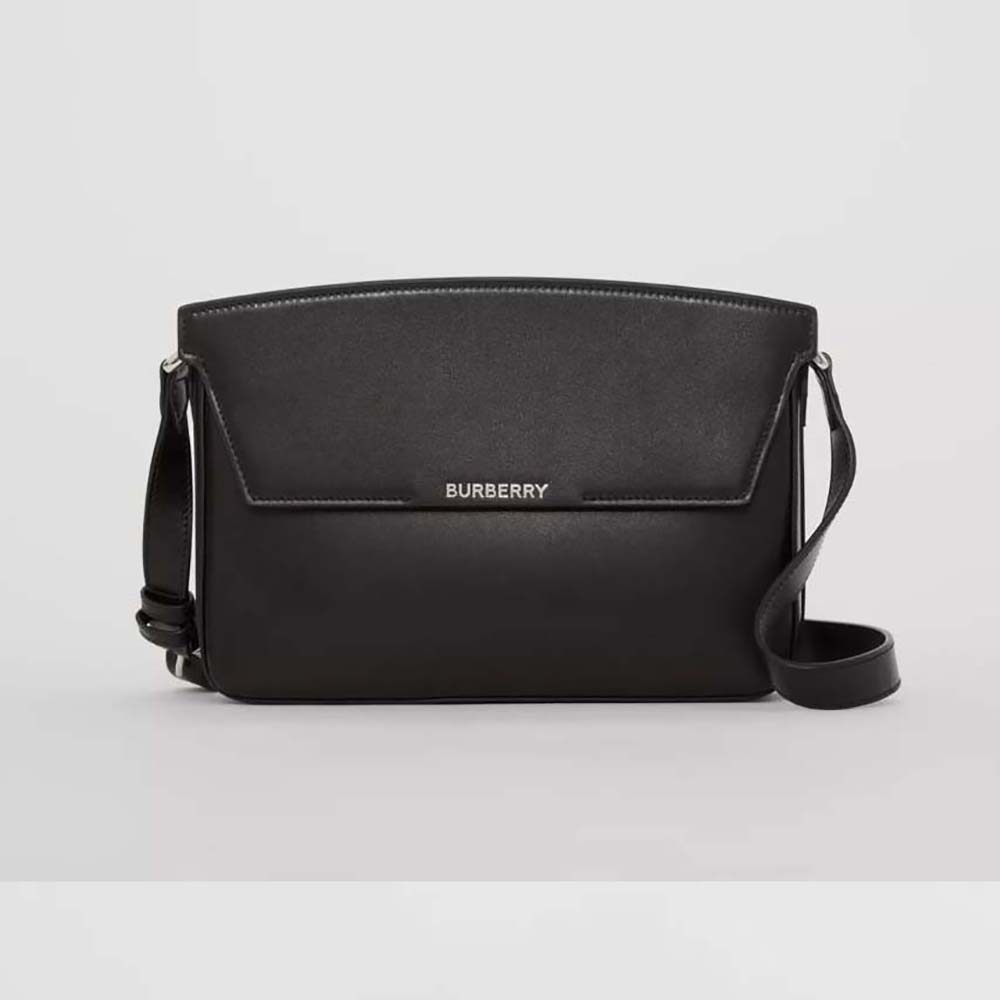 Front view of Burberry Women Leather Catherine Shoulder Bag-Black with gold hardware