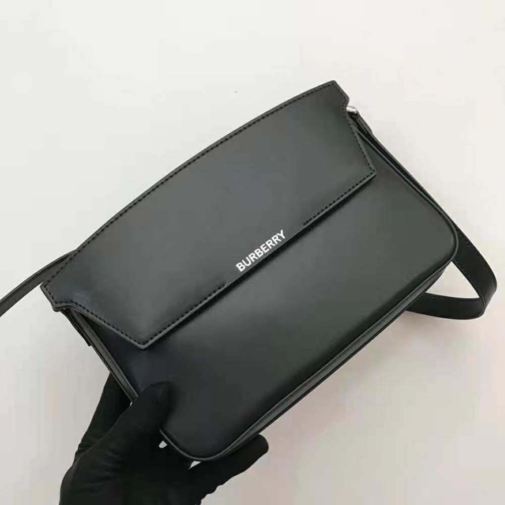 Side angle showing leather texture of Burberry Women Leather Catherine Shoulder Bag-Black
