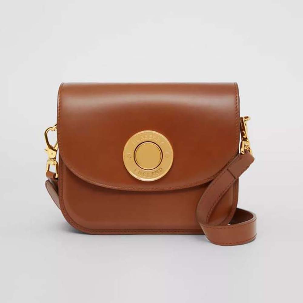 Front view of Burberry Women Leather Small Elizabeth Bag-Brown with flap closed