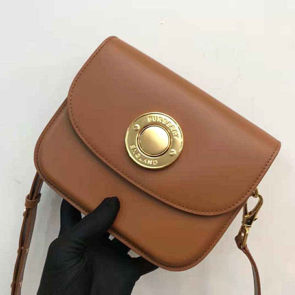 Interior view showing Burberry signature check lining inside Small Elizabeth Bag-Brown