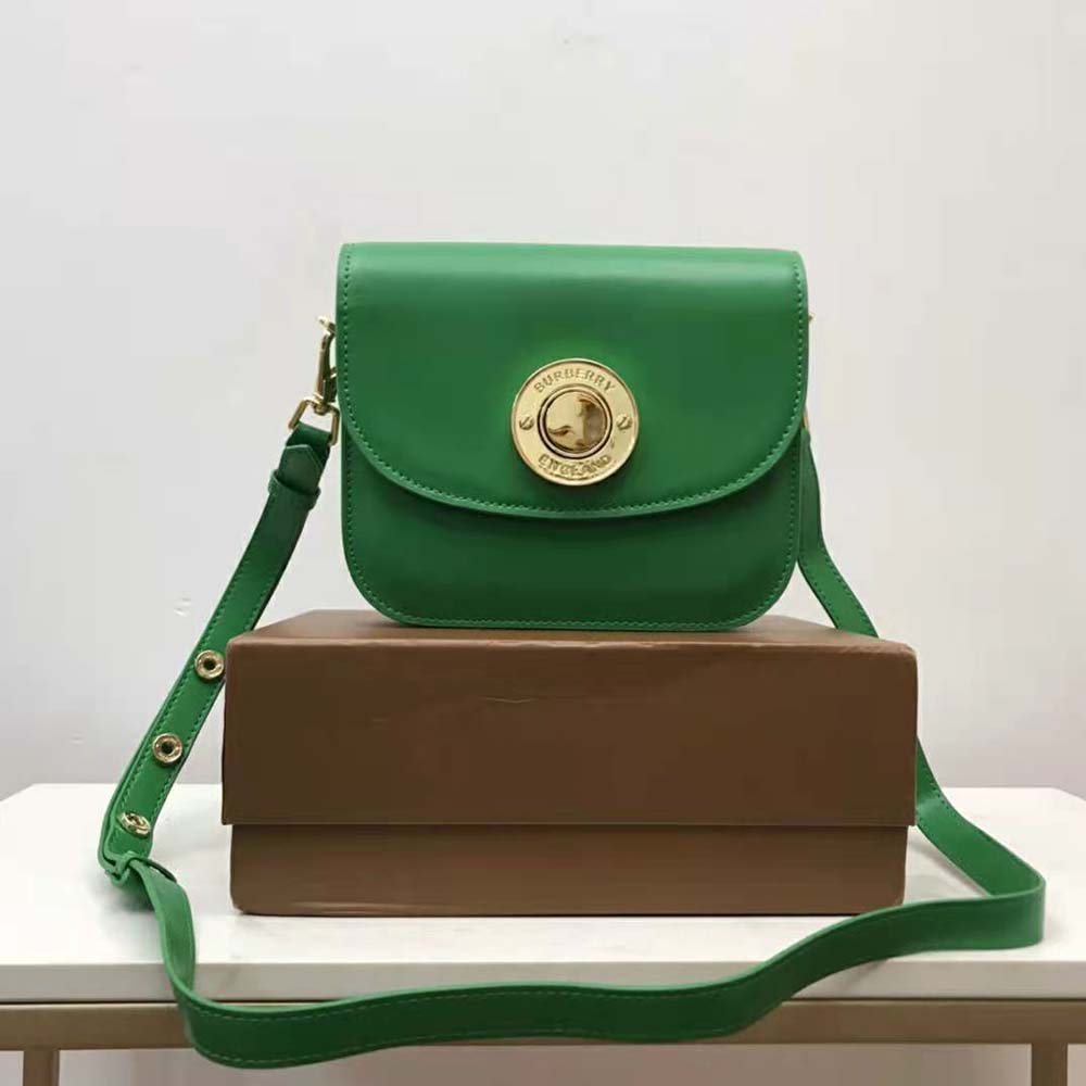 Side profile showing compact silhouette of Burberry Women Leather Small Elizabeth Bag-Green