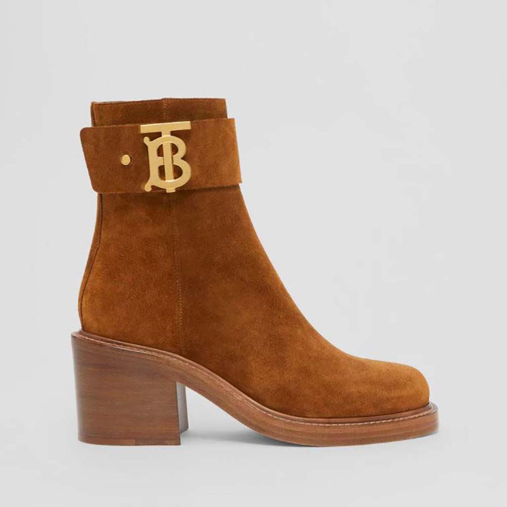 Side profile of Burberry Women Monogram Motif Suede Block-Heel Boots in brown