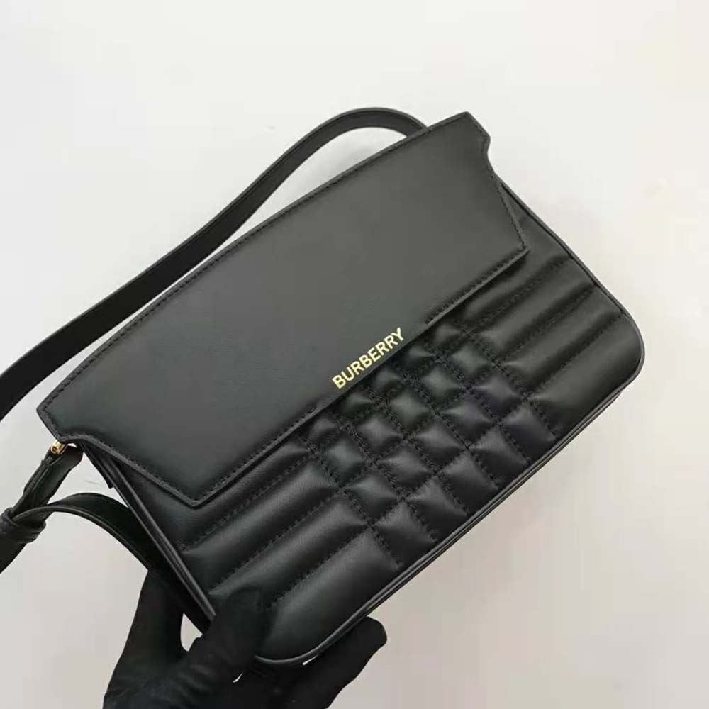 Side angle showing adjustable strap on Burberry Women Quilted Leather Catherine Shoulder Bag-Black