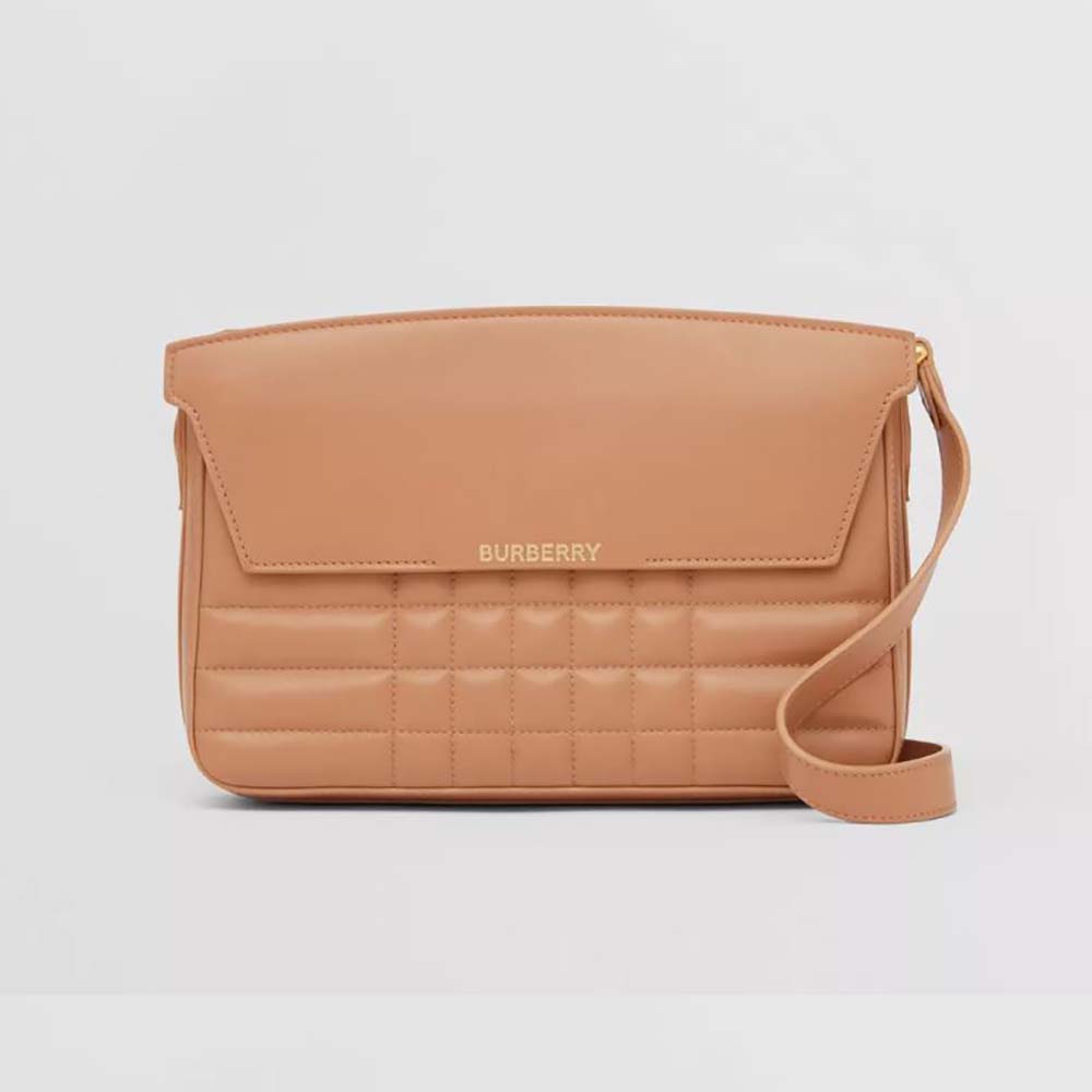 Front view of Burberry Women Quilted Leather Catherine Shoulder Bag-Sandy
