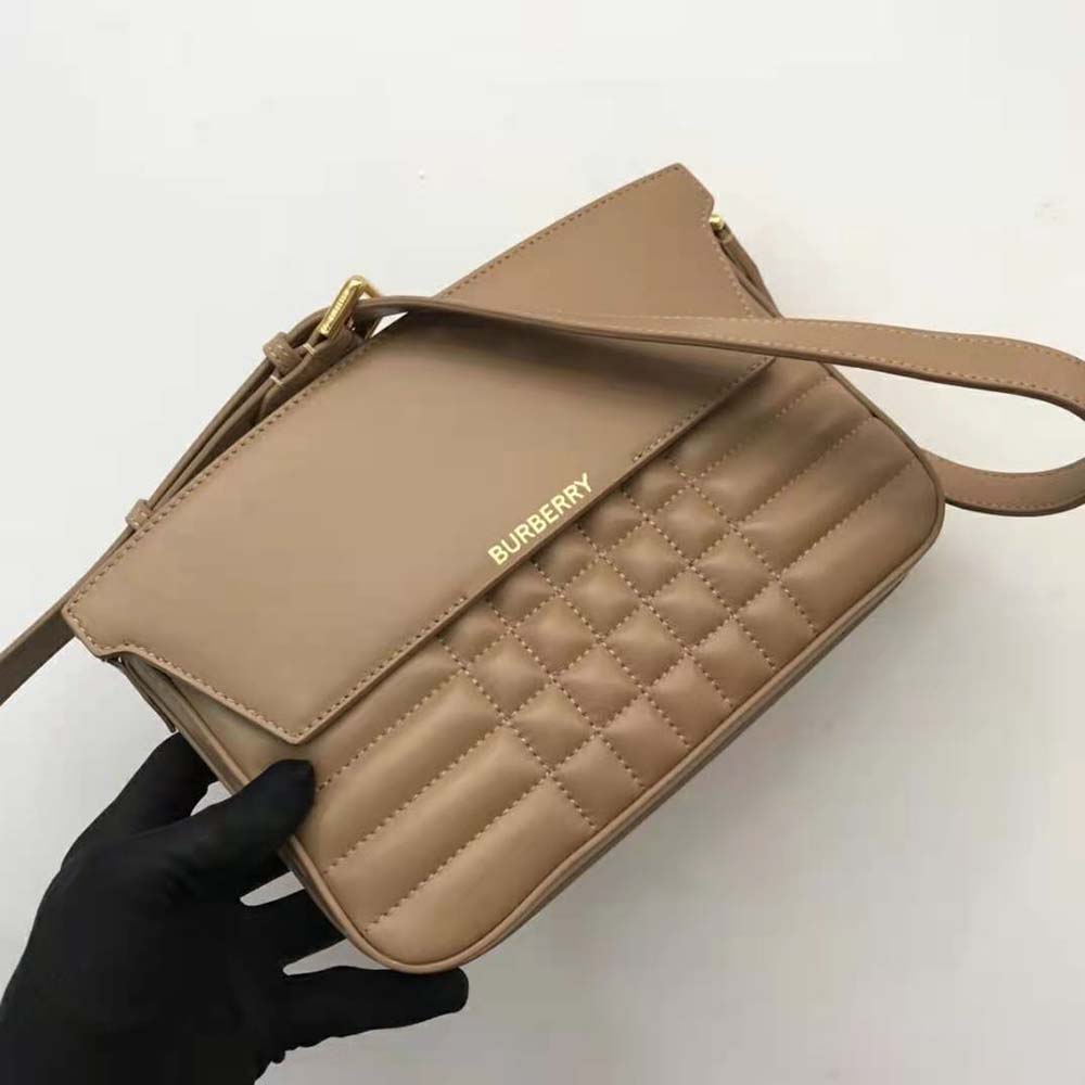 Side angle showing quilted leather texture on Burberry Women Quilted Leather Catherine Shoulder Bag-Sandy