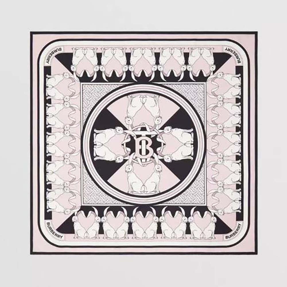 Front view of Burberry Women Rabbit Print Silk Square Scarf-Pink laid flat