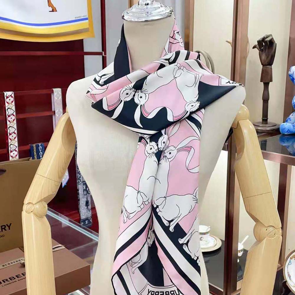 Burberry Women Rabbit Print Silk Square Scarf-Pink - image 4
