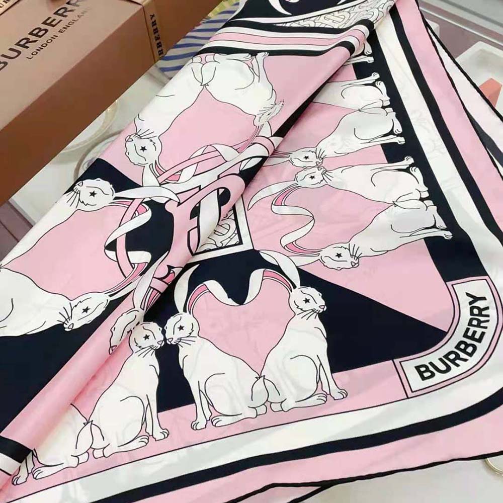 Burberry Women Rabbit Print Silk Square Scarf-Pink - image 6