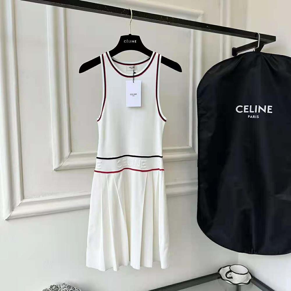 Close-up of clean neckline detail on Celine Women Athletic Dress in White