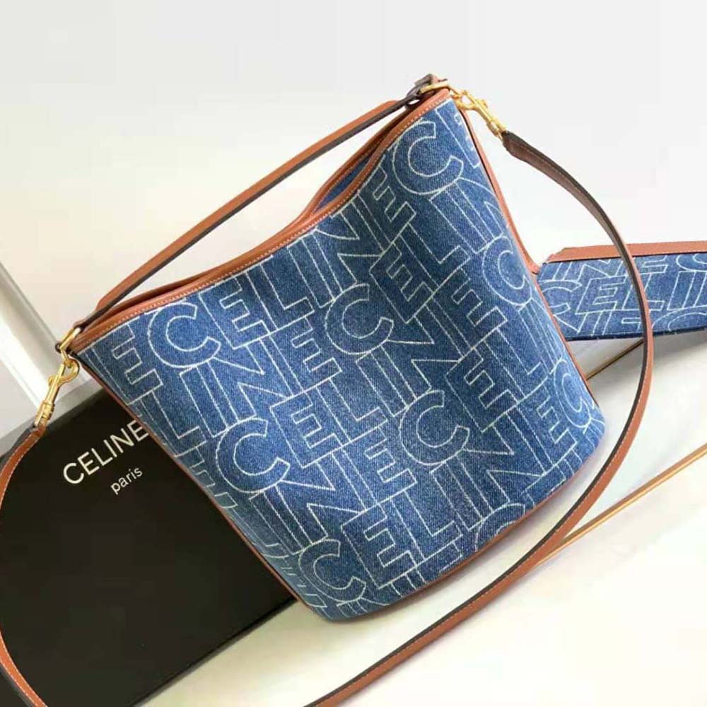 Side angle showing silhouette of Celine Women Bucket 16 Bag in Denim navy