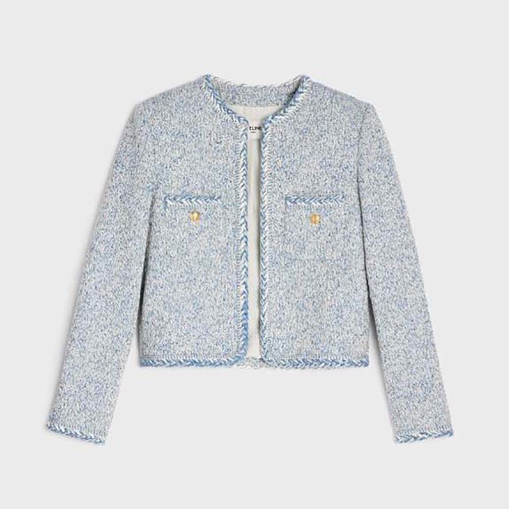 Front view of Celine Women Cardigan Jacket in Wool Natté blue