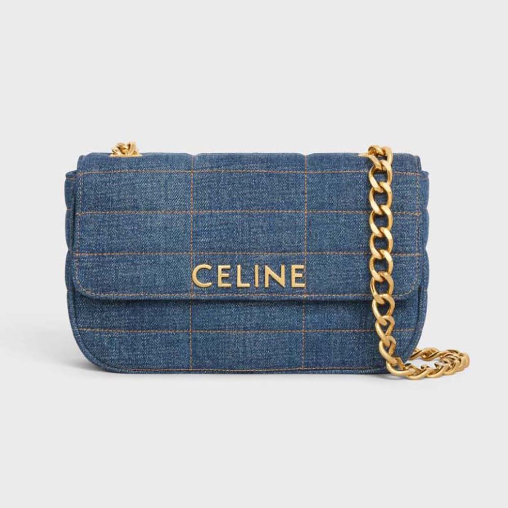 Front view of Celine Women Chain Shoulder Bag Matelasse Monochrome Celine in Quilted Denim