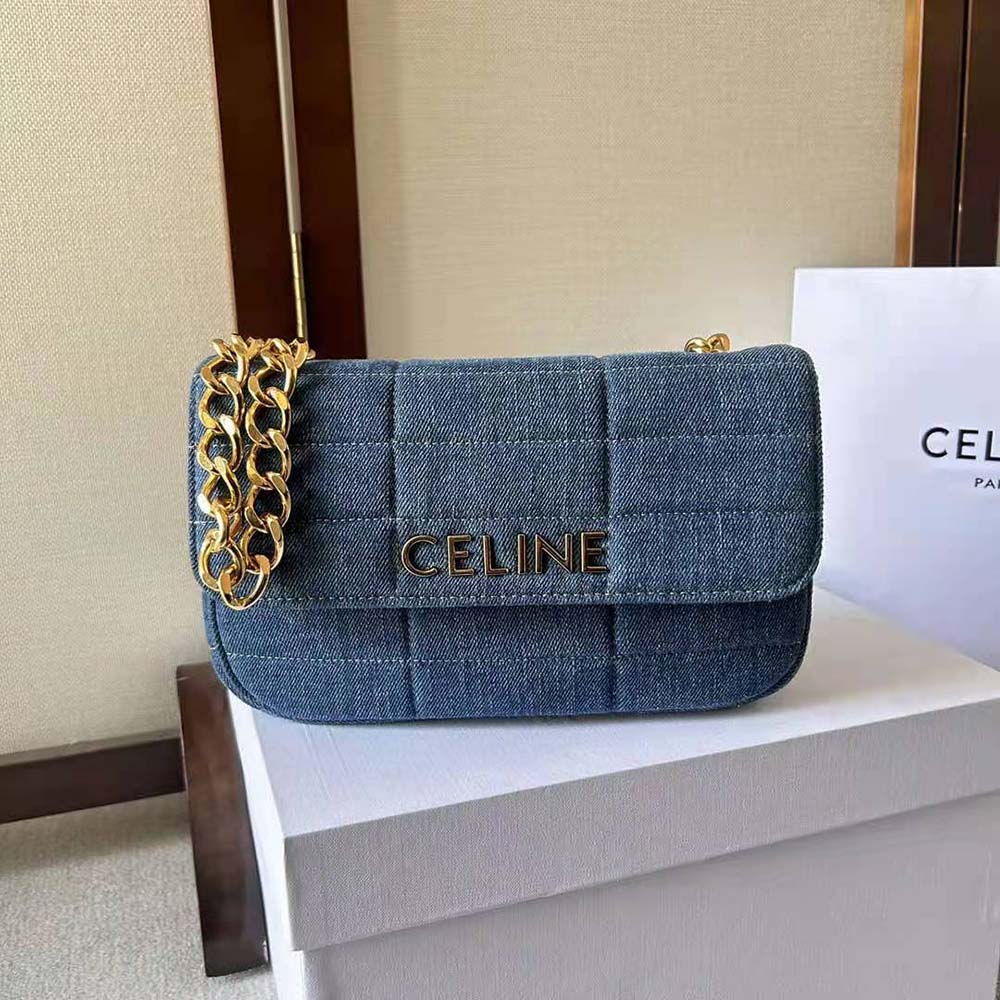 Close-up of quilting and silver chain strap on Celine Women Chain Shoulder Bag