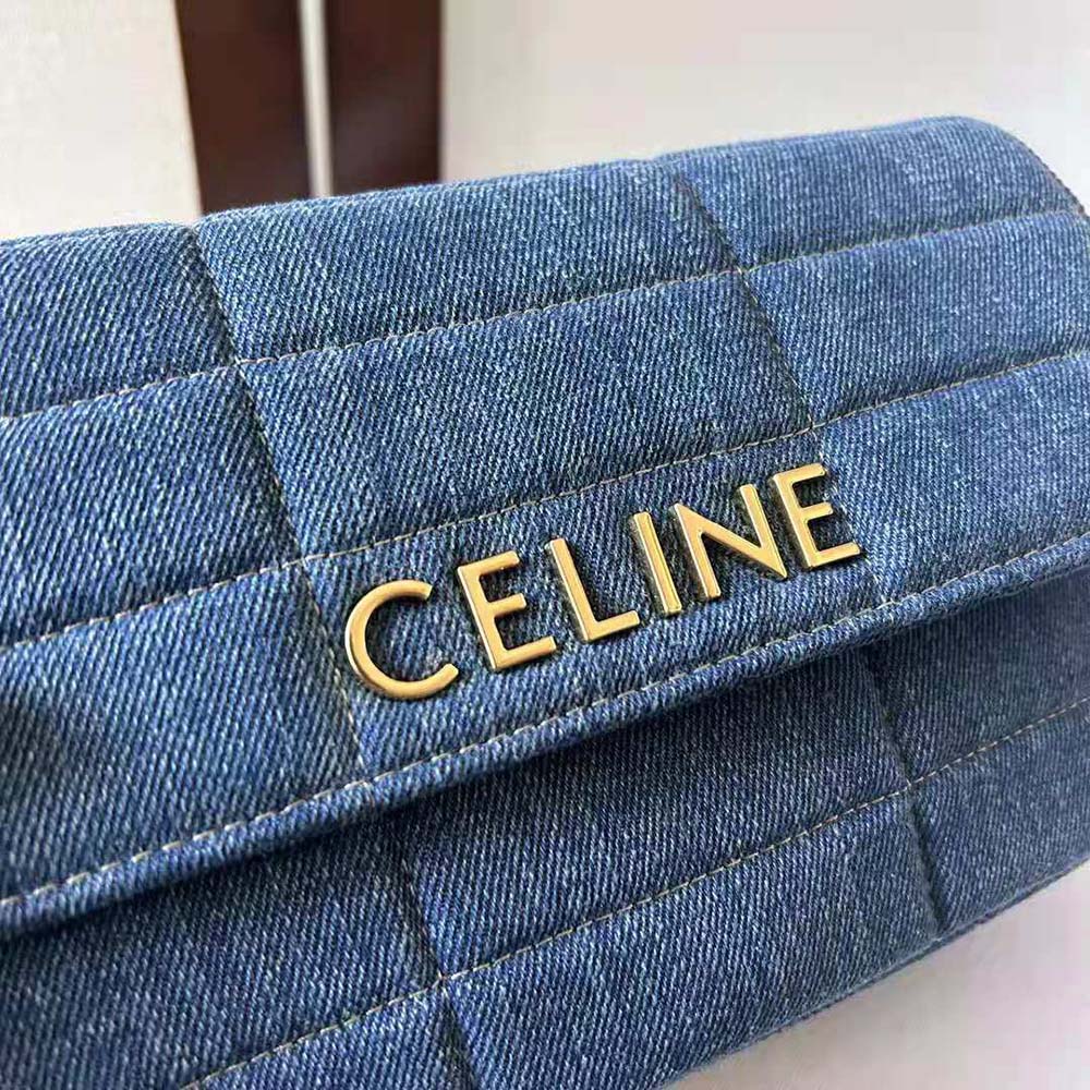 Celine Women Chain Shoulder Bag Matelasse Monochrome Celine in Quilted Denim - image 7