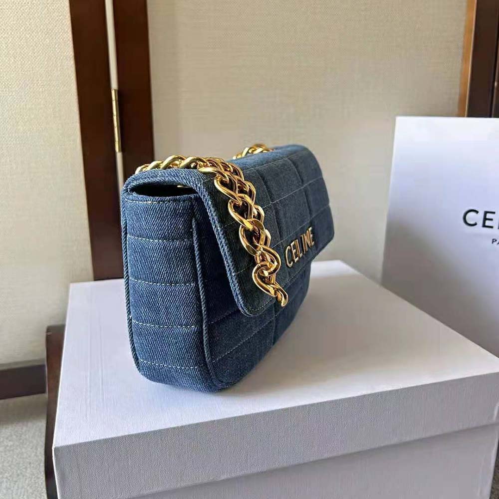 Celine Women Chain Shoulder Bag Matelasse Monochrome Celine in Quilted Denim - image 5