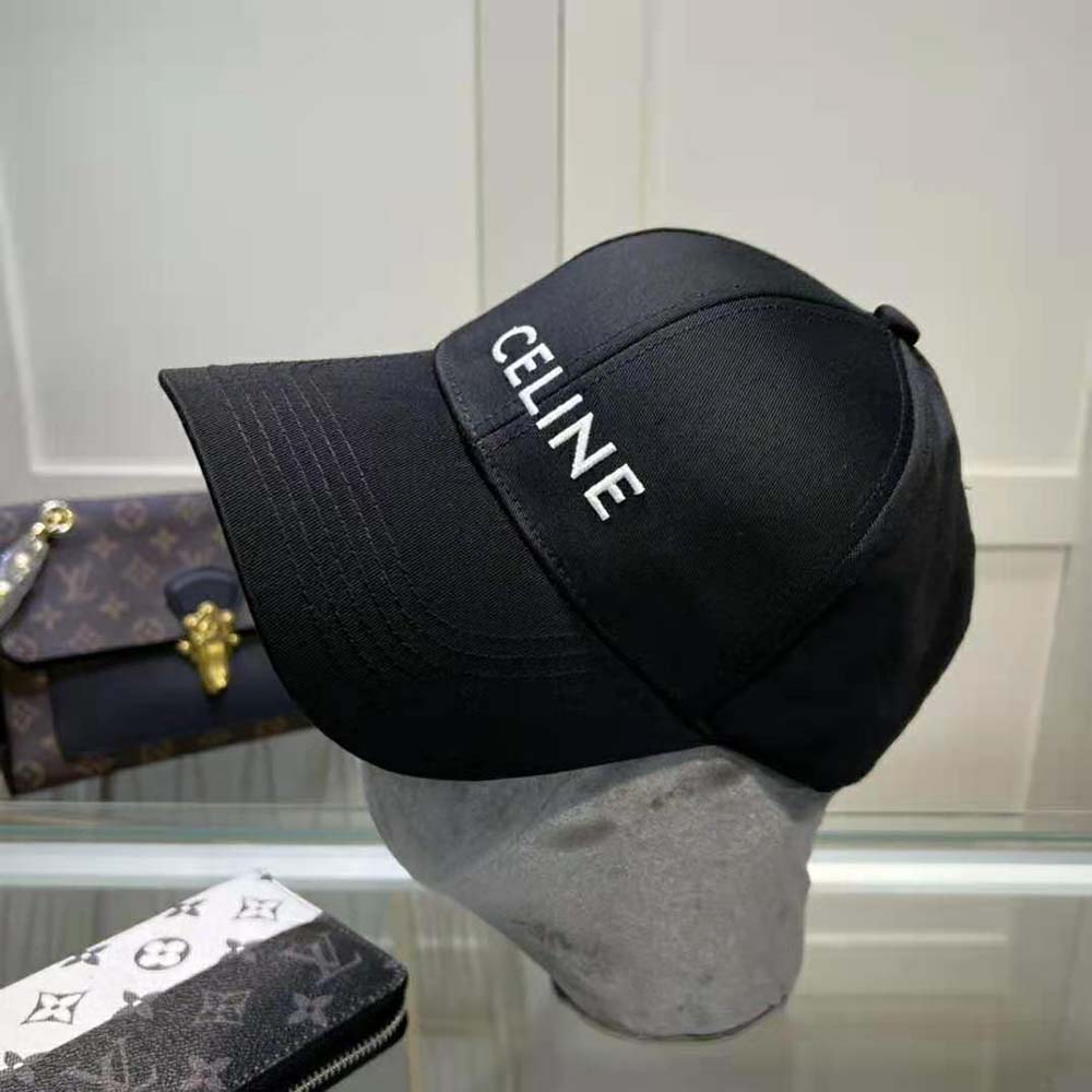 Side angle highlighting adjustable strap on Celine Women Cotton Drill Baseball Cap-Black