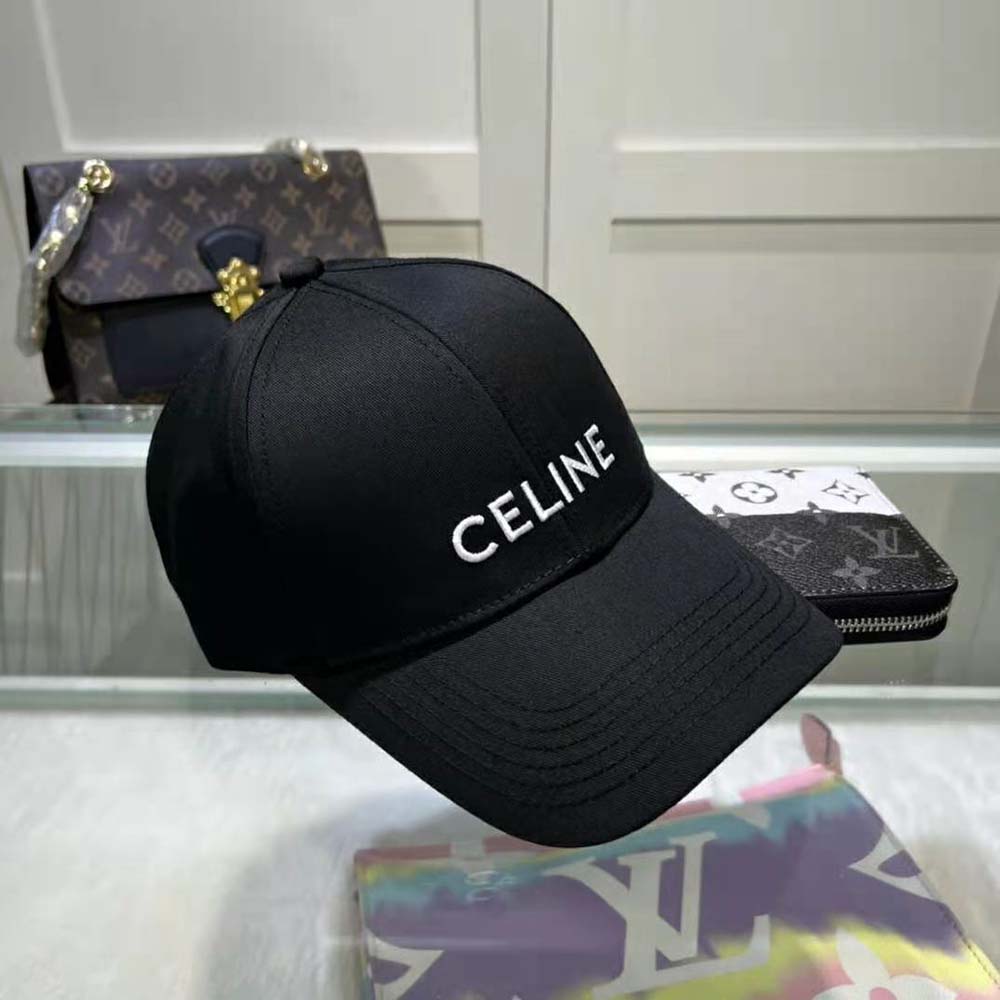 Close-up of curved brim and subtle embossing on Celine Women Cotton Drill Baseball Cap-Black