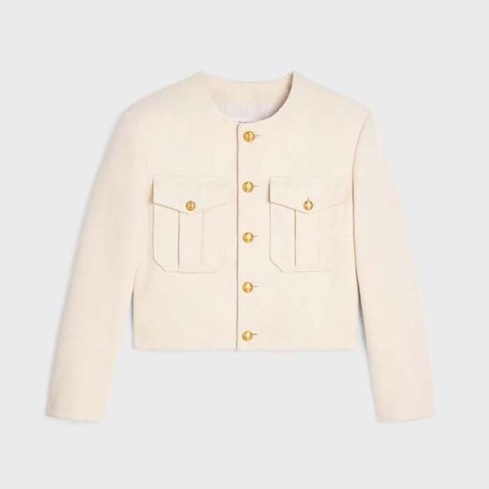 Front view of Celine Women Cropped Military Jacket in Silk Rush-Beige