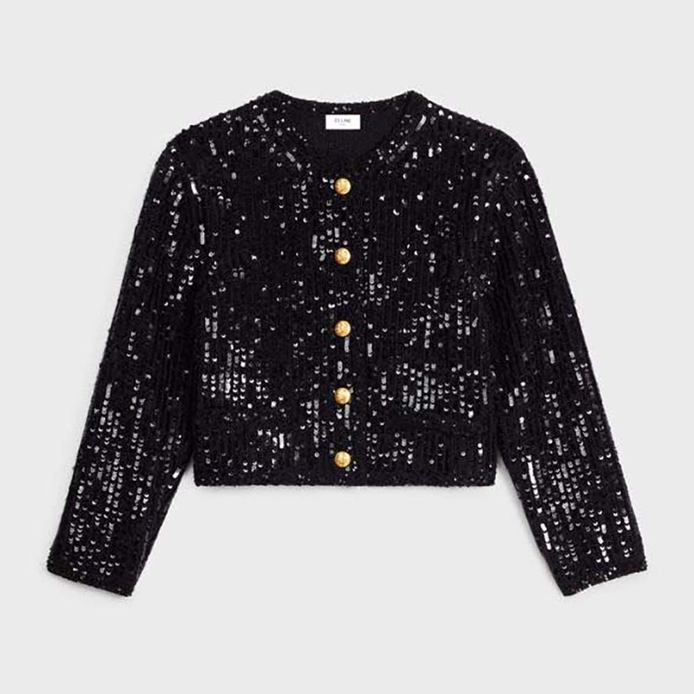 Front view of Celine Women Embroidered Cardigan in Ribbed Mohair-Black