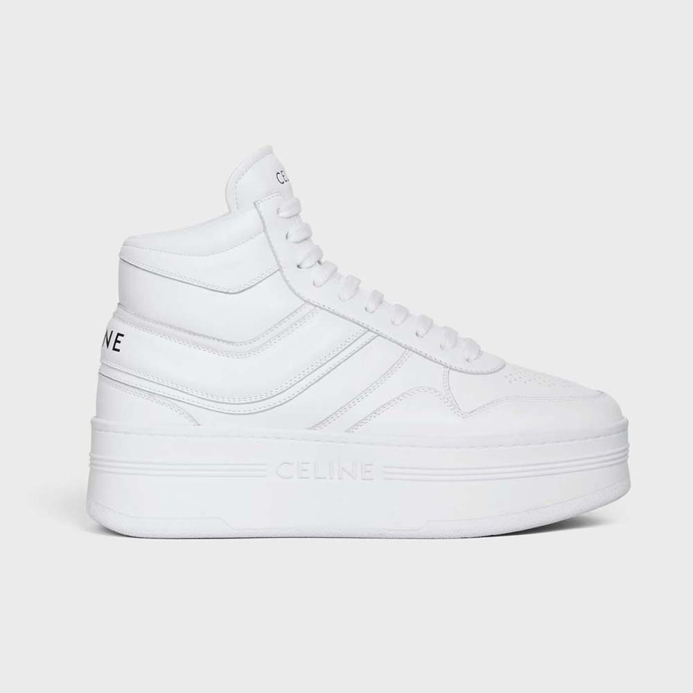 Side view of Celine Women Mid Block Sneakers with Wedge in white calfskin