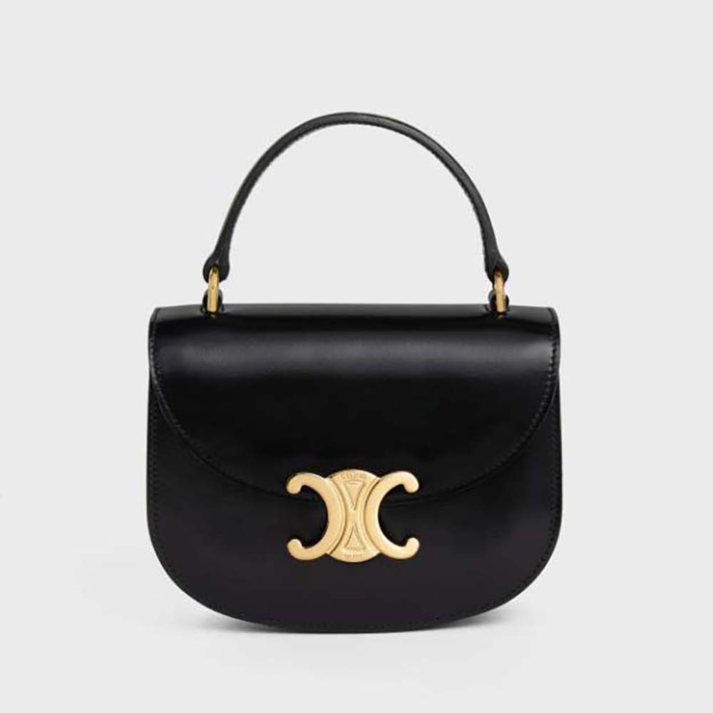 Front view of Celine Women Mini Besace Triomphe in Shiny Calfskin-Black