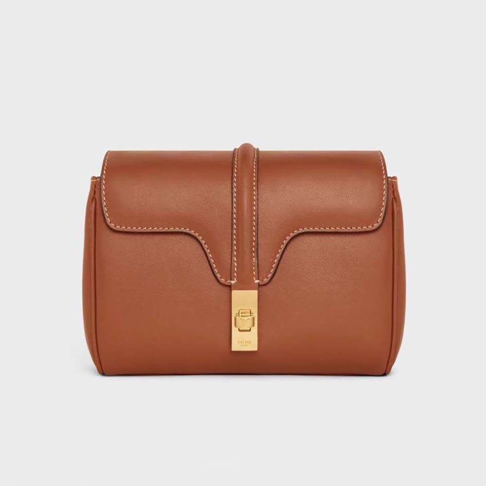 Front view of Celine Women Mini Soft 16 in Smooth Calfskin-Brown