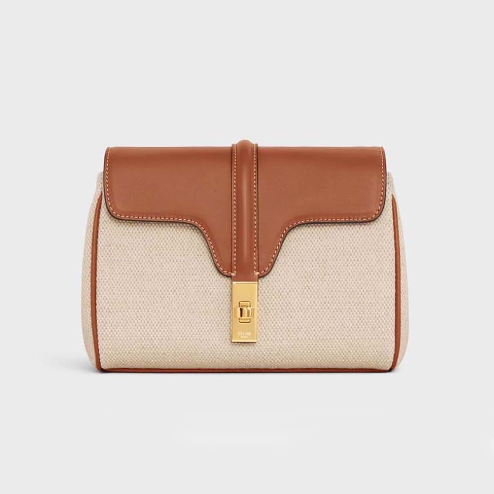 Front angle of Celine Women Mini Soft 16 in Beige textile and calfskin