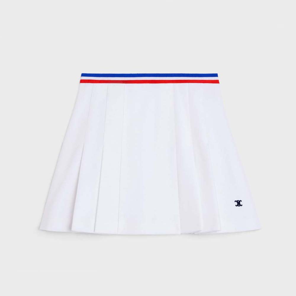 Front view of Celine Women Short Pleated Skirt in Cotton Piqué white