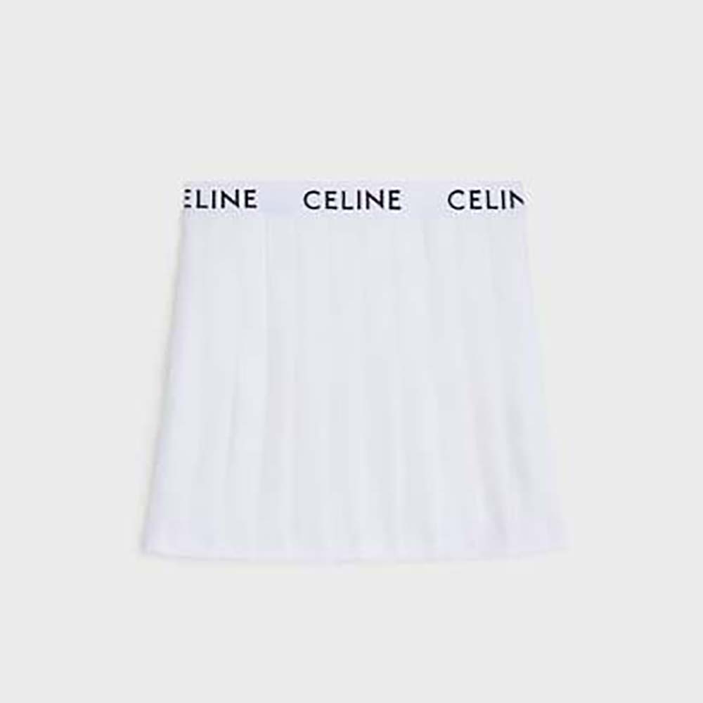 Front view of Celine Women Short Pleated Skirt in Cotton Piqué-White