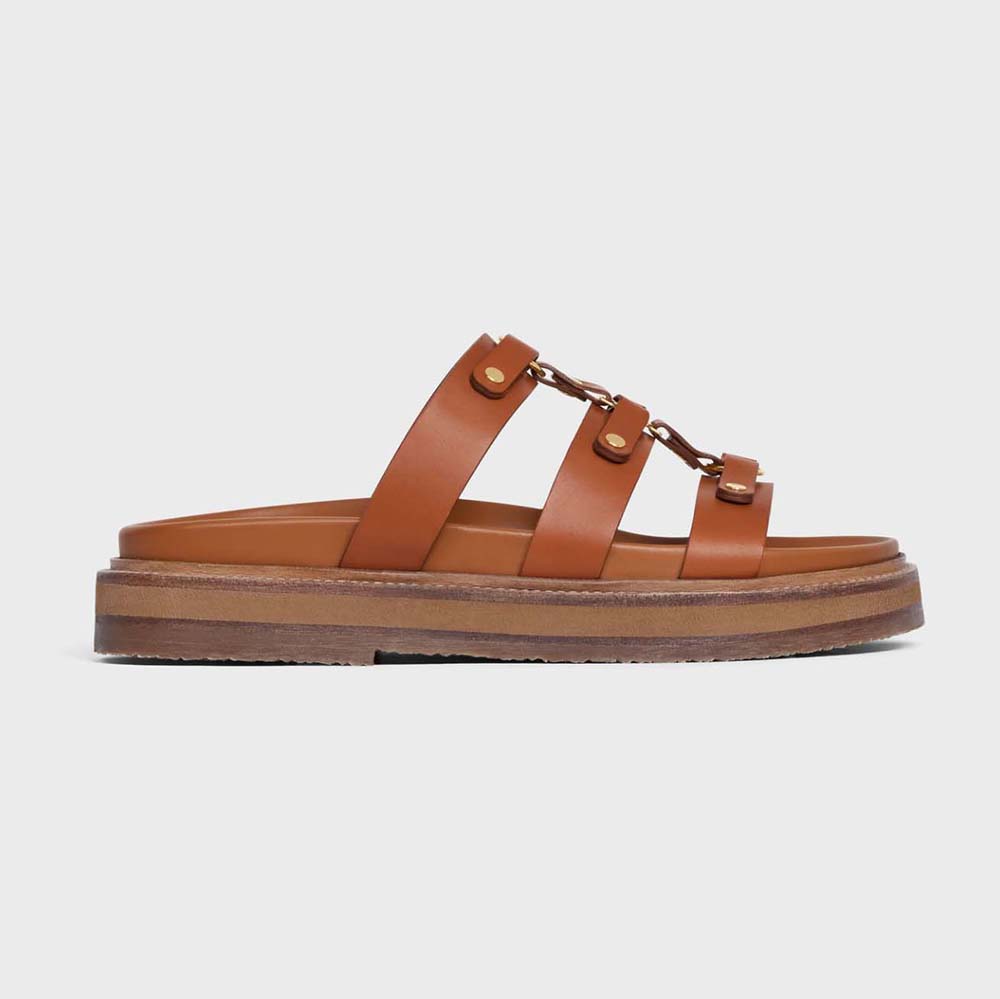 Side view of Celine Women Slides Tippi in brown calfskin leather