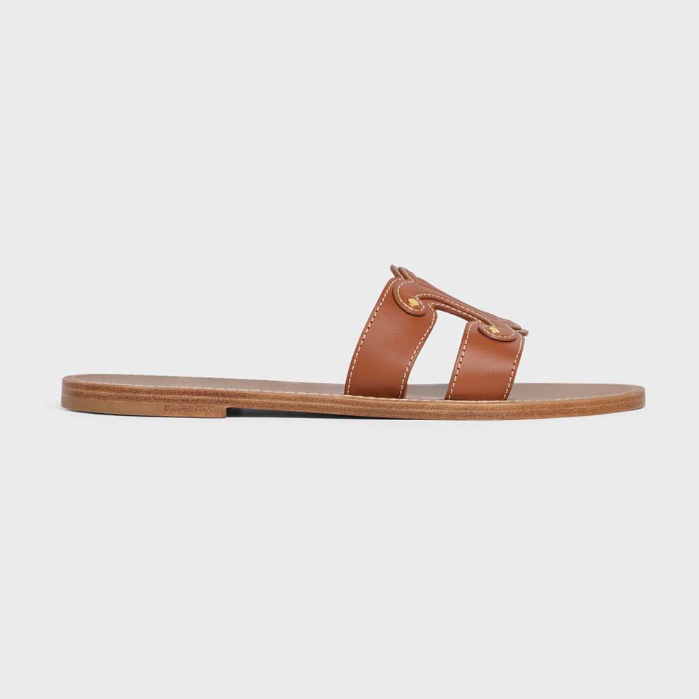 Side profile of Celine Women Triomphe Mule in Calfskin-Tan showing silhouette