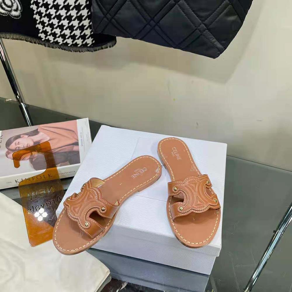 Top view of Celine Women Triomphe Mule in rich brown calfskin leather