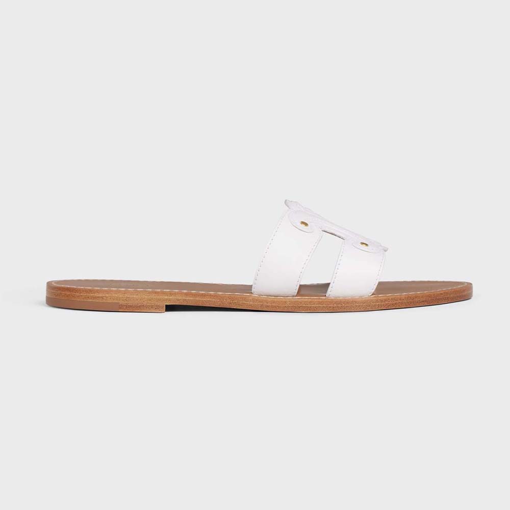 Side view of Celine Women Triomphe Mule in Calfskin-White showing gold hardware