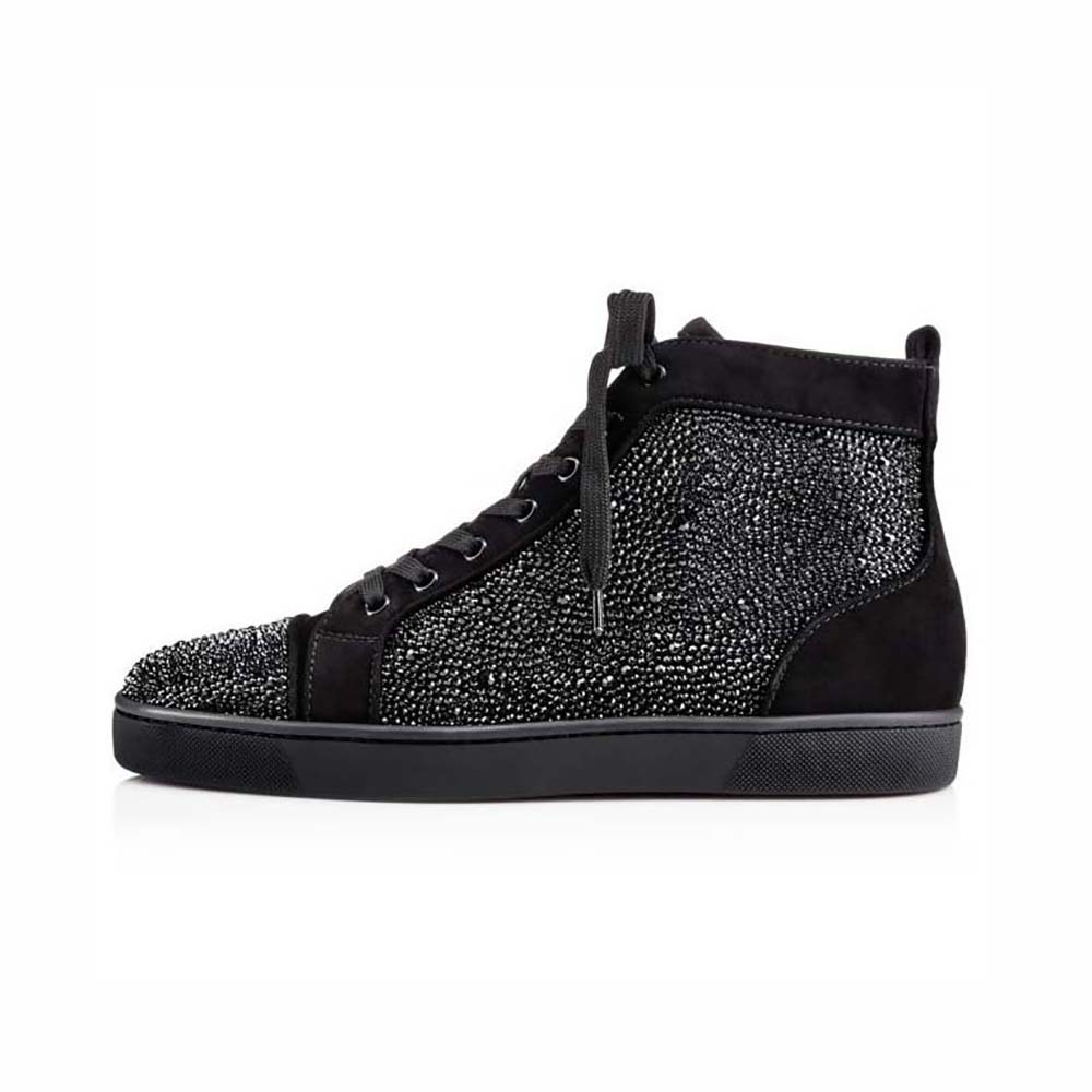 Side view of Christian Louboutin Men Louis Strass-Black high-top sneaker