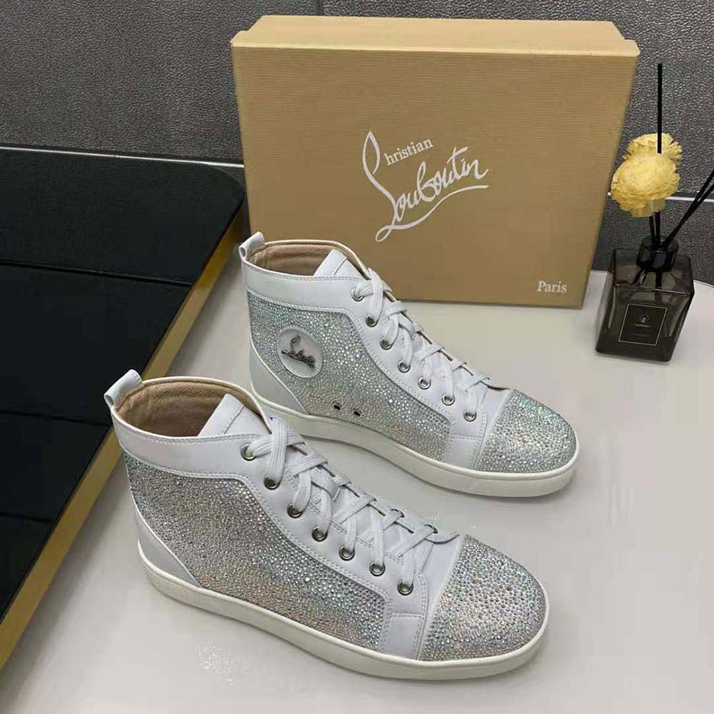 Top angle showing lace-up closure and red sole of Christian Louboutin Men Louis Strass-White