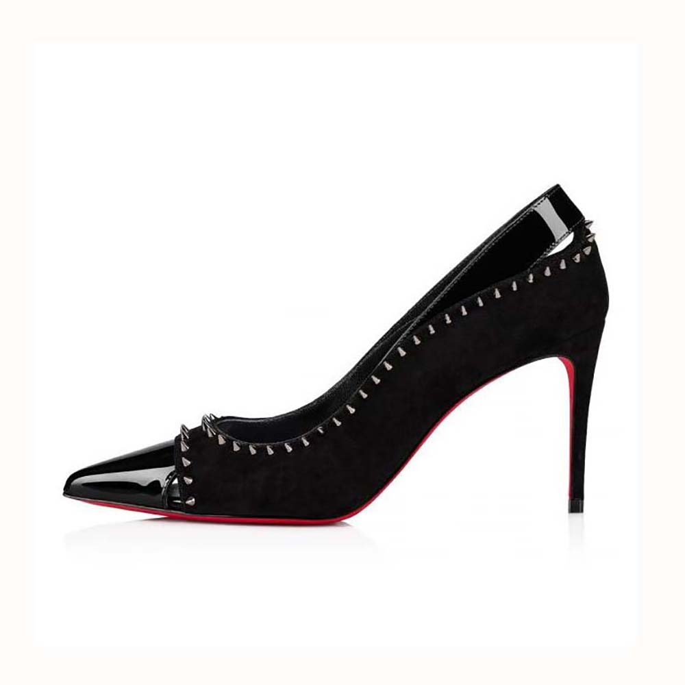 Side view of Christian Louboutin Women Duvette Spikes 85 mm Heel Height-Black