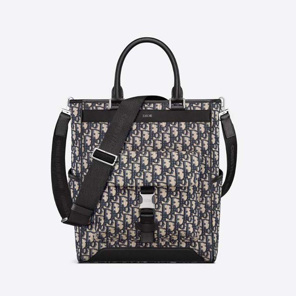 Front angle of Dior Men Explorer Tote Bag Beige and Black Dior Oblique Jacquard