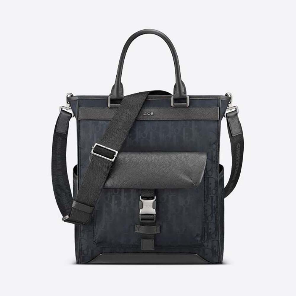 Front view of Dior Men Explorer Tote Bag Black Dior Oblique Mirage fabric