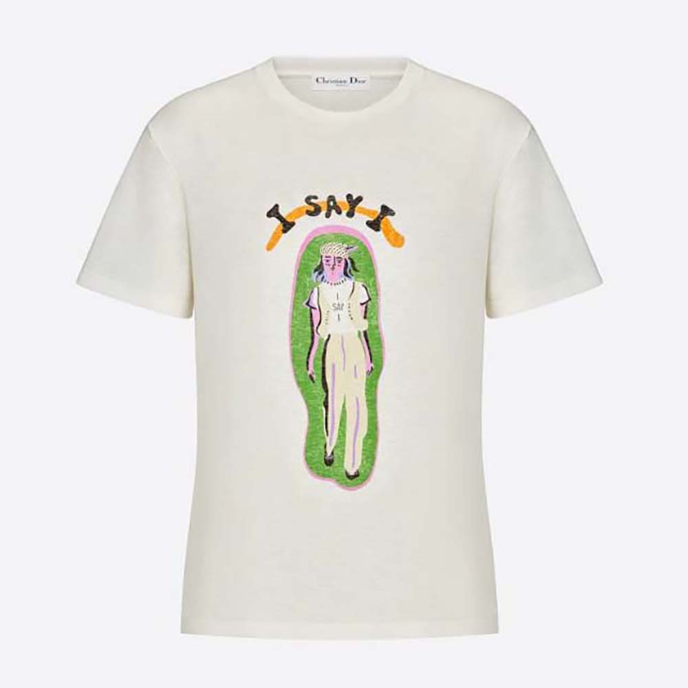 Front view of Dior Women ‘I Say I’ T-shirt in ecru cotton jersey