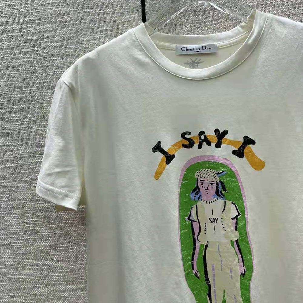 Dior Women ‘I Say I’ T-shirt Ecru Cotton Jersey and Linen - image 5