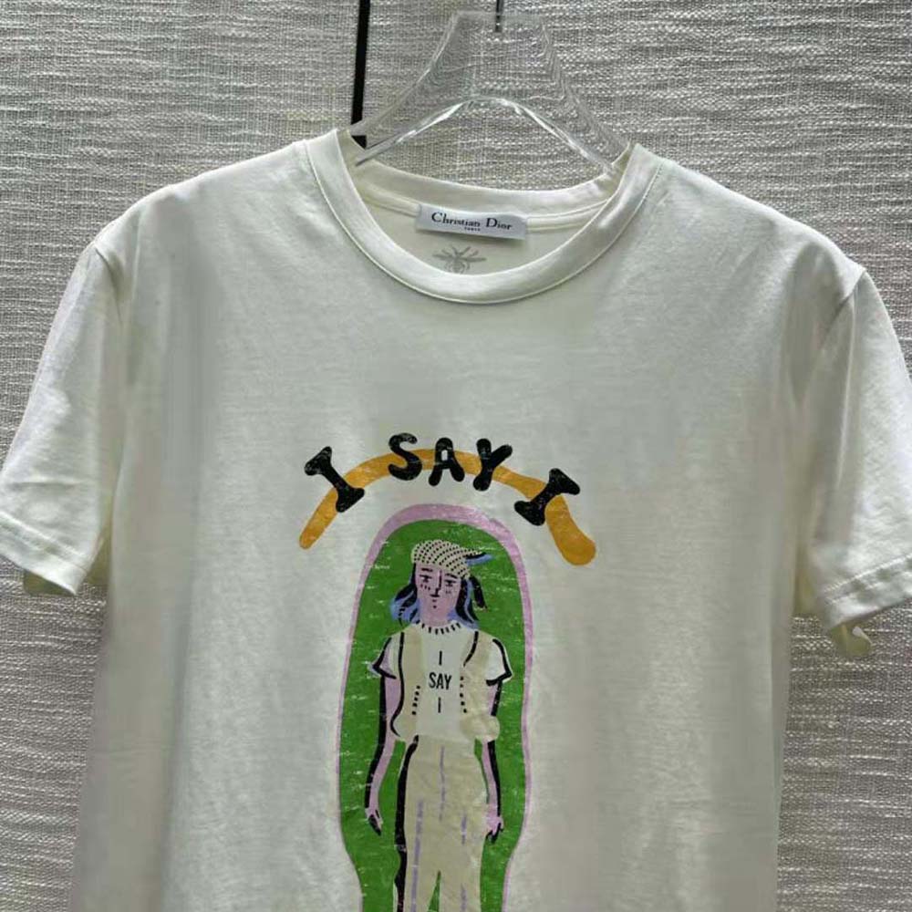 Dior Women ‘I Say I’ T-shirt Ecru Cotton Jersey and Linen - image 4