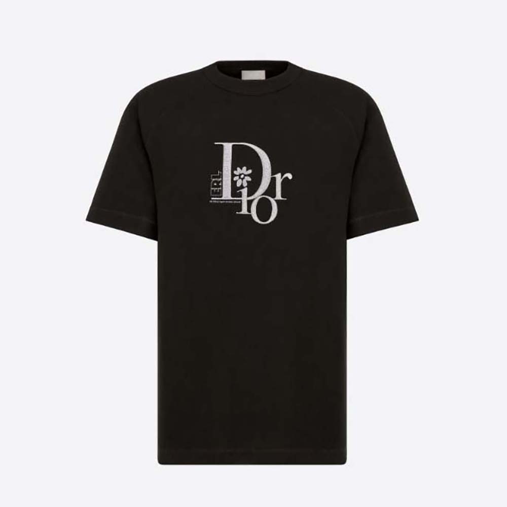 Front view of Dior Men Relaxed-Fit Dior by Erl T-shirt Black Slub Cotton Jersey
