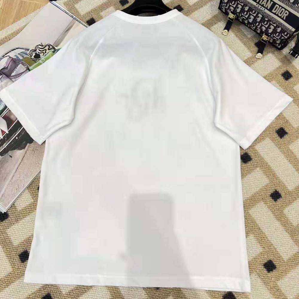 Side profile showing relaxed fit of Dior Men Relaxed-Fit Dior by Erl T-shirt