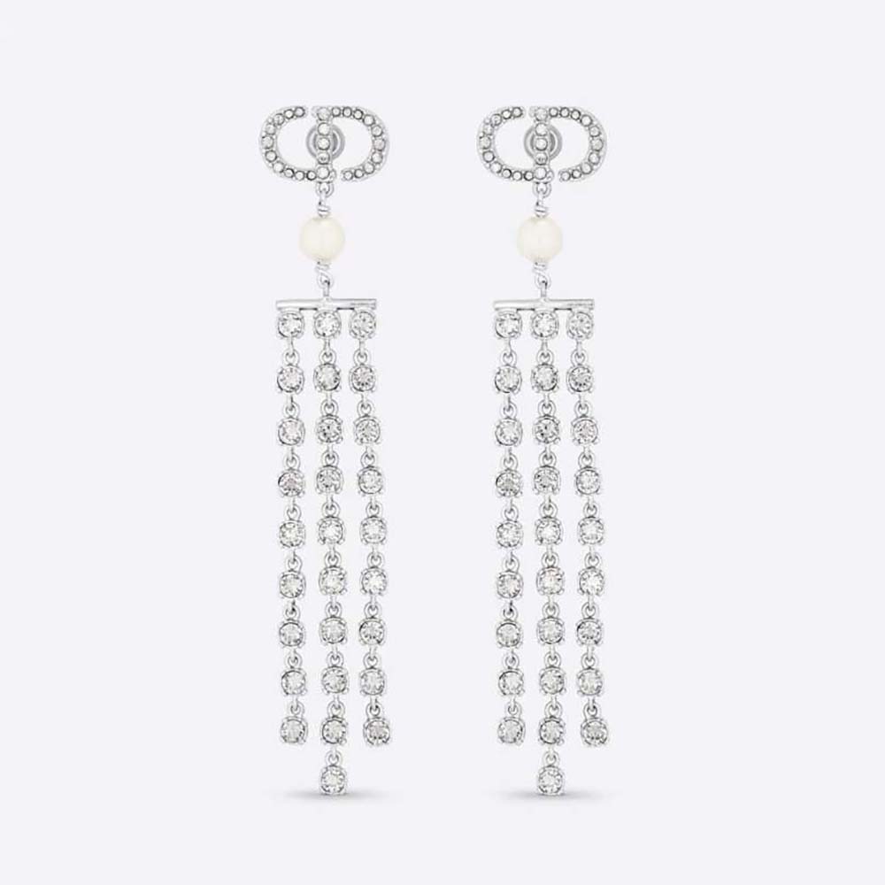 Dior Women 30 Montaigne Earrings Silver-Finish Metal with White Resin Pearls and Silver-Tone Crystal
