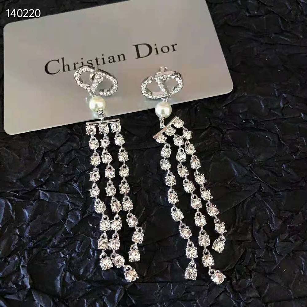 Dior Women 30 Montaigne Earrings Silver-Finish Metal with White Resin Pearls and Silver-Tone Crystals - image 9